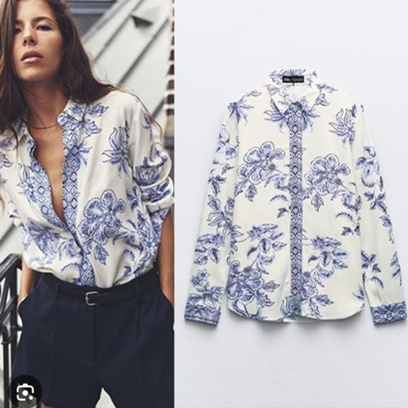 Zara woman floral linen viscose long sleeve shirt L white blue NWT 9878/097 - Picture 7 of 12